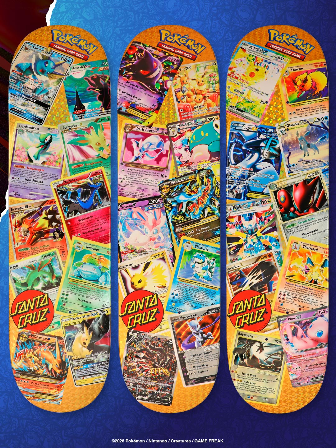 Three glitter gold foil chase designs from the Santa Cruz Pokémon TCG blind bag collection; chase designs are randomly assorted and not guaranteed.