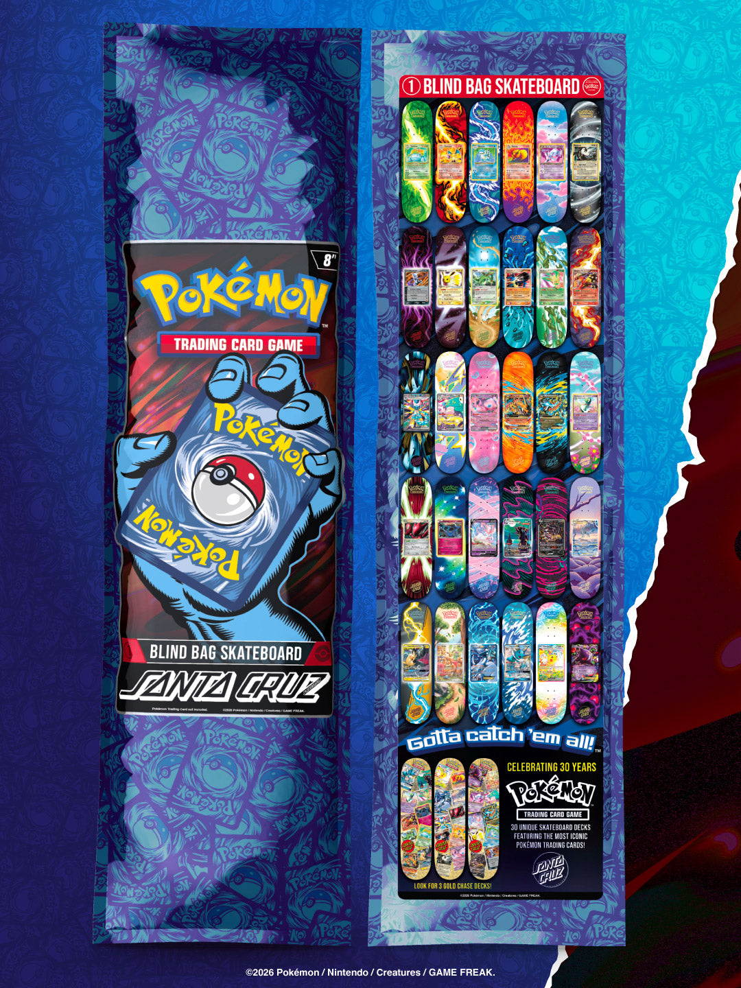 Official Santa Cruz Pokémon TCG sealed blind bag packaging, front and back; one randomly assorted deck per bag.